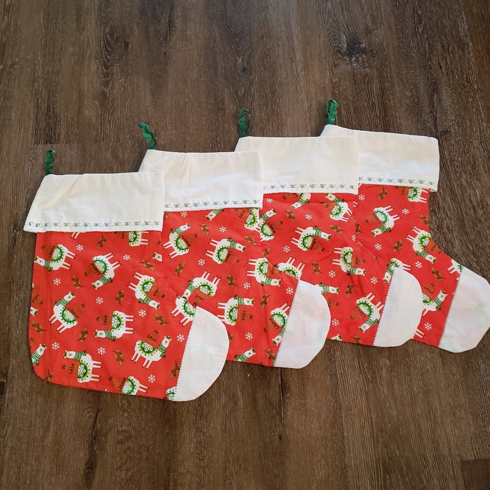 Handmade Quilted Christmas stocking set of 4, Llama Red White Fabric